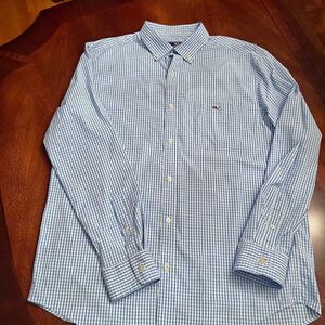 Vineyard Vines Seawater Blue White Gingham Check Performance Tucker Shirt LARGE